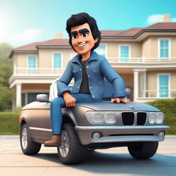 Make a 3D illustration of a handsome Latin male cartoon character with wavy black hair and cute eyes. He is casually sitting on a BMW car and dressed in a jacket and jeans. The background features a grand, lavish house.