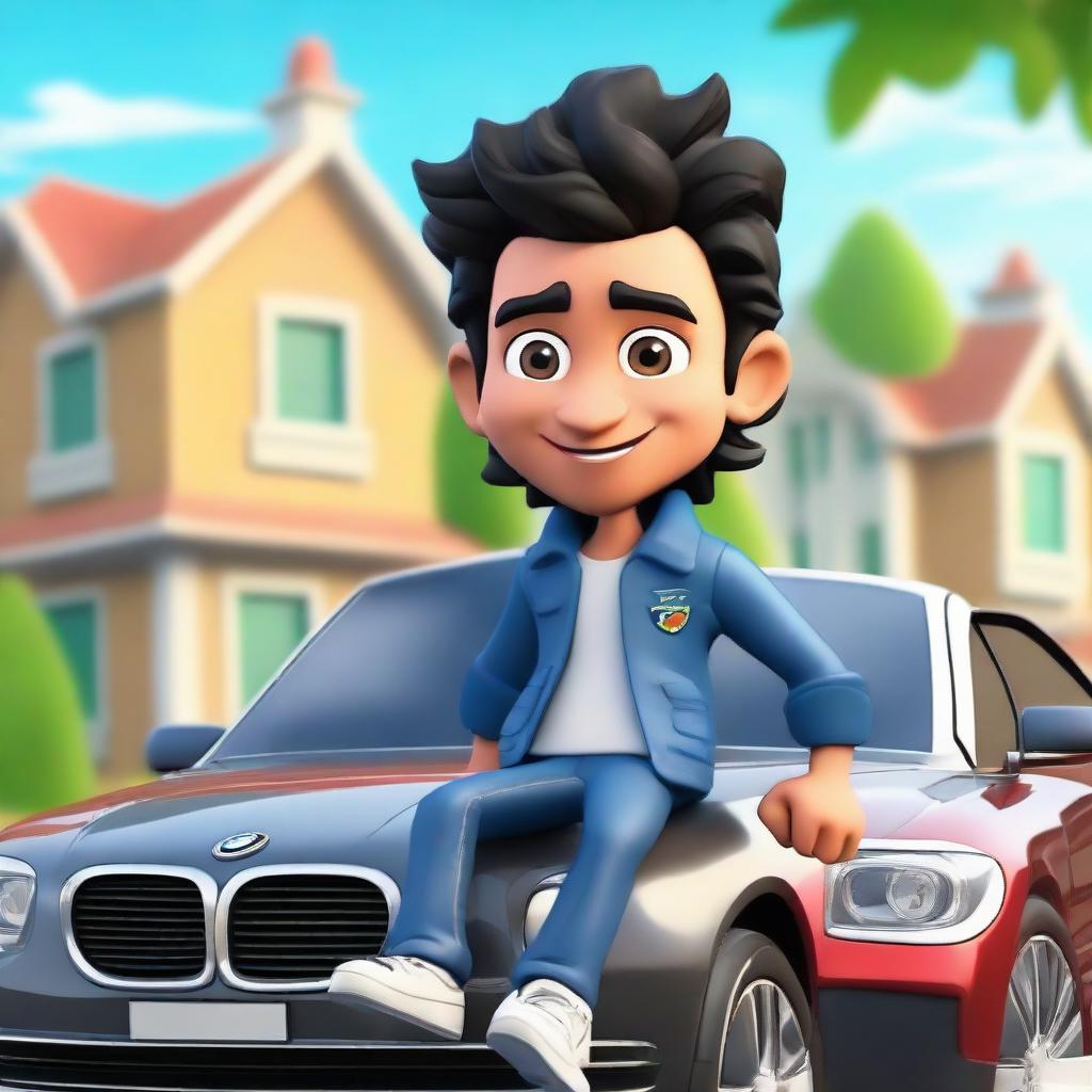 Make a 3D illustration of a handsome Latin male cartoon character with wavy black hair and cute eyes. He is casually sitting on a BMW car and dressed in a jacket and jeans. The background features a grand, lavish house.