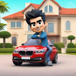 Make a 3D illustration of a handsome Latin male cartoon character with wavy black hair and cute eyes. He is casually sitting on a BMW car and dressed in a jacket and jeans. The background features a grand, lavish house.