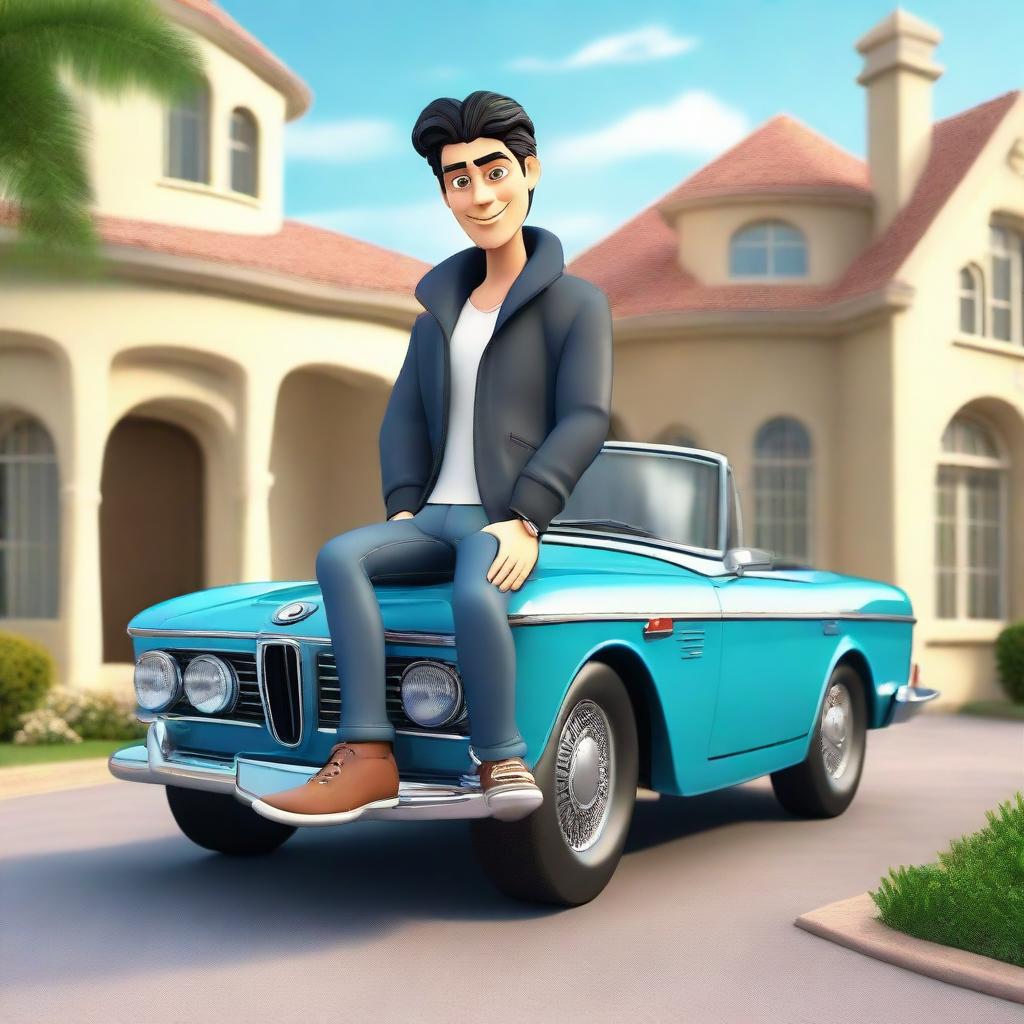 Make a 3D illustration of a handsome Latin male cartoon character with wavy black hair and cute eyes. He is casually sitting on a BMW car and dressed in a jacket and jeans. The background features a grand, lavish house.