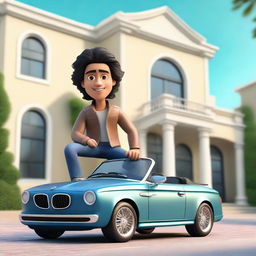 A 3D illustration of a handsome Latin animated character featuring wavy black hair, cute eyes, casual sitting on a BMW car, dressed in a jacket and jeans, set against the backdrop of a lavish mansion.