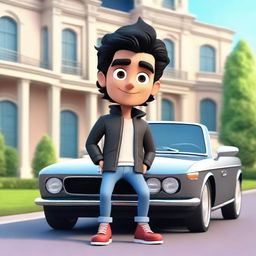 A 3D illustration of a handsome Latin animated character featuring wavy black hair, cute eyes, casual sitting on a BMW car, dressed in a jacket and jeans, set against the backdrop of a lavish mansion.