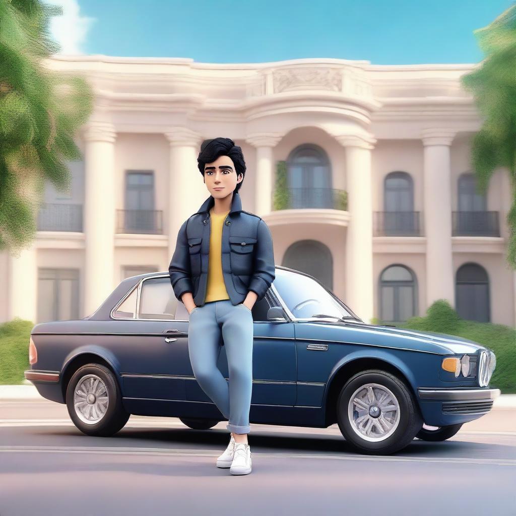 A 3D illustration of a handsome Latin animated character featuring wavy black hair, cute eyes, casual sitting on a BMW car, dressed in a jacket and jeans, set against the backdrop of a lavish mansion.