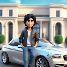 A 3D illustration of a handsome Latin animated character featuring wavy black hair, cute eyes, casual sitting on a BMW car, dressed in a jacket and jeans, set against the backdrop of a lavish mansion.