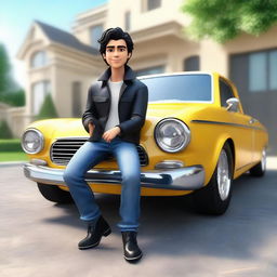 Generate a 3D illustration of a handsome Latin male animated character with wavy black hair and cute eyes, draped in a jacket and jeans, casually seated on a car. The backdrop is a grand, upscale house.