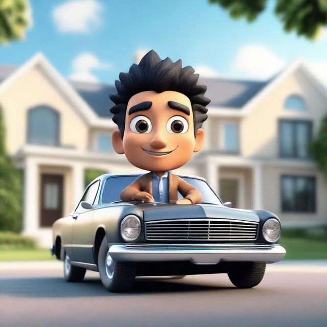 Generate a 3D illustration of a handsome Latin male animated character with wavy black hair and cute eyes, draped in a jacket and jeans, casually seated on a car. The backdrop is a grand, upscale house.