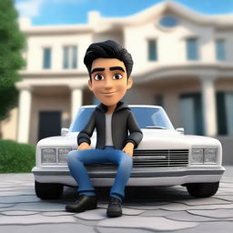 Generate a 3D illustration of a handsome Latin male animated character with wavy black hair and cute eyes, draped in a jacket and jeans, casually seated on a car. The backdrop is a grand, upscale house.