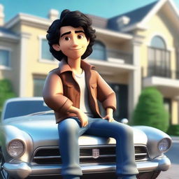 Generate a 3D illustration of a handsome Latin male animated character with wavy black hair and cute eyes, draped in a jacket and jeans, casually seated on a car. The backdrop is a grand, upscale house.