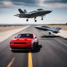 A dramatic scene of a Dodge Challenger Demon winning a drag race against an F-35 Fighter Jet.