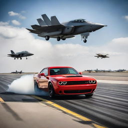 A dramatic scene of a Dodge Challenger Demon winning a drag race against an F-35 Fighter Jet.