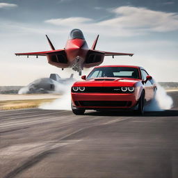 A dramatic scene of a Dodge Challenger Demon winning a drag race against an F-35 Fighter Jet.