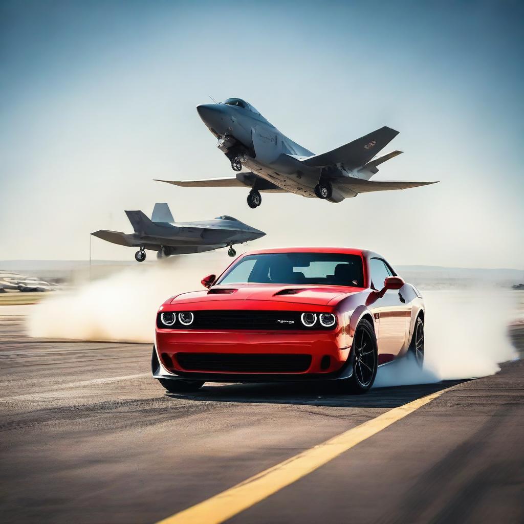 A dramatic scene of a Dodge Challenger Demon winning a drag race against an F-35 Fighter Jet.