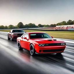 A captivating scene of a Dodge Challenger Demon and a Dodge Charger side by side on a drag racing track.