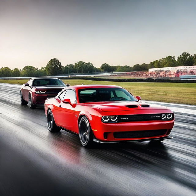 A captivating scene of a Dodge Challenger Demon and a Dodge Charger side by side on a drag racing track.