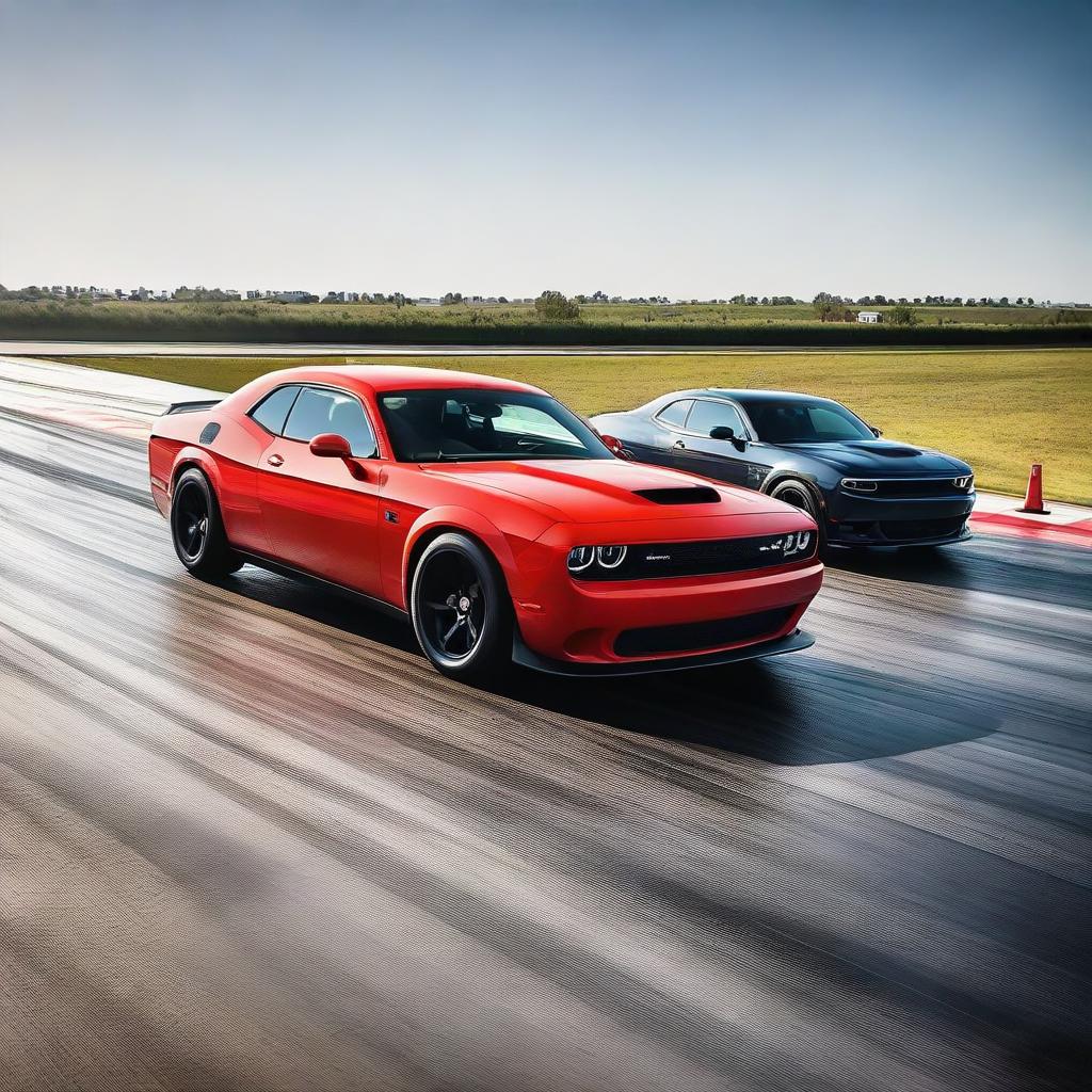 A captivating scene of a Dodge Challenger Demon and a Dodge Charger side by side on a drag racing track.