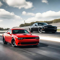 A captivating scene of a Dodge Challenger Demon and a Dodge Charger side by side on a drag racing track.