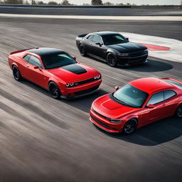 A captivating scene of a Dodge Challenger Demon and a Dodge Charger side by side on a drag racing track.