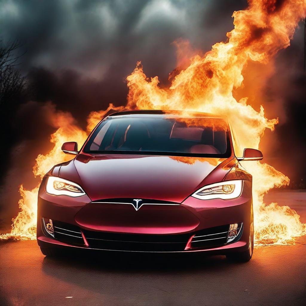 A dramatic scene depicting a Tesla car ablaze, illuminating its surroundings with fierce, bright flames.