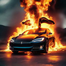 A dramatic scene depicting a Tesla car ablaze, illuminating its surroundings with fierce, bright flames.