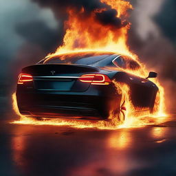 A dramatic scene depicting a Tesla car ablaze, illuminating its surroundings with fierce, bright flames.