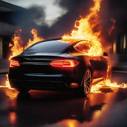 A dramatic scene depicting a Tesla car ablaze, illuminating its surroundings with fierce, bright flames.