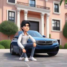 Generate a 3D illustration of an attractive Latin male animated character with wavy black hair and cute eyes, sitting casually on top of a BMW. Character is wearing a jacket and jeans, and is framed against the backdrop of a large, opulent house.