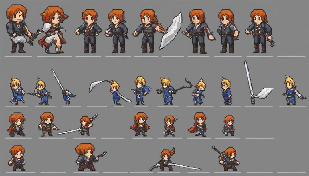 A high-quality, sequential sprite sheet of a pixel art Final Fantasy character swinging his sword