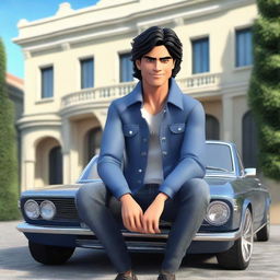 Generate a 3D illustration of an attractive Latin male animated character with wavy black hair and cute eyes, sitting casually on top of a BMW. Character is wearing a jacket and jeans, and is framed against the backdrop of a large, opulent house.