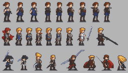 A high-quality, sequential sprite sheet of a pixel art Final Fantasy character swinging his sword