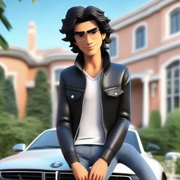 Generate a 3D illustration of an attractive Latin male animated character with wavy black hair and cute eyes, sitting casually on top of a BMW. Character is wearing a jacket and jeans, and is framed against the backdrop of a large, opulent house.