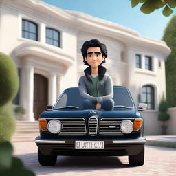 Generate a 3D illustration of an attractive Latin male animated character with wavy black hair and cute eyes, sitting casually on top of a BMW. Character is wearing a jacket and jeans, and is framed against the backdrop of a large, opulent house.