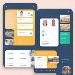 An educational app interface showcasing different education centers in various cities, each with multiple specialties and subjects, complete with teacher profiles and a payment/reservation system