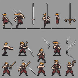 A top-quality, sequential sprite sheet of a pixel art Final Fantasy character swinging his sword