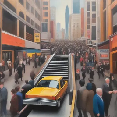 The artist painted a bustling city scene with people riding up and down the escalator.