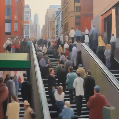 The artist painted a bustling city scene with people riding up and down the escalator.