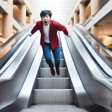 As the main character stepped on the escalator, it suddenly transformed into a high-speed slide, surprising everyone in the mall.