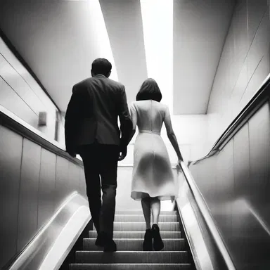 Hand in hand, they rode the escalator, their love growing with each step they took together.