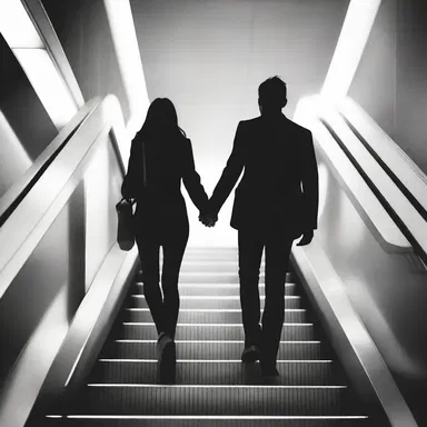 Hand in hand, they rode the escalator, their love growing with each step they took together.