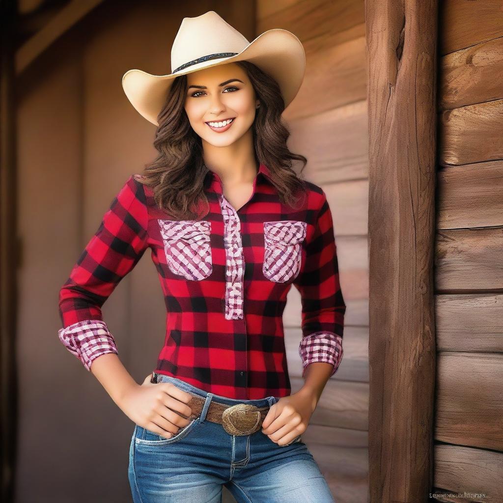 This image, rendered in high quality digital art, depicts a model in a cowgirl outfit