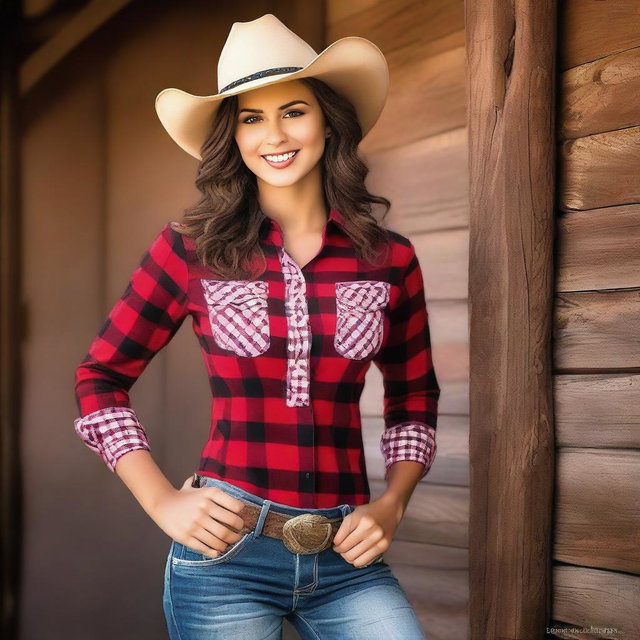 This image, rendered in high quality digital art, depicts a model in a cowgirl outfit
