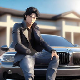 3D illustration of a handsome Latin male anime character with wavy black hair and attractive eyes casually sitting on a BMW car. He's wearing a jacket and jeans with a large, luxurious house in the backdrop.