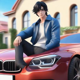 3D illustration of a handsome Latin male anime character with wavy black hair and attractive eyes casually sitting on a BMW car. He's wearing a jacket and jeans with a large, luxurious house in the backdrop.