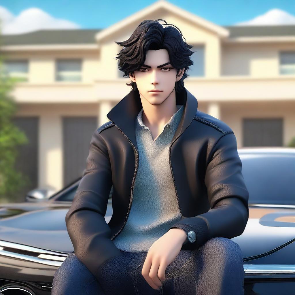 3D illustration of a handsome Latin male anime character with wavy black hair and attractive eyes casually sitting on a BMW car. He's wearing a jacket and jeans with a large, luxurious house in the backdrop.