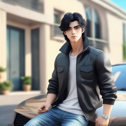 3D illustration of a handsome Latin male anime character with wavy black hair and attractive eyes casually sitting on a BMW car. He's wearing a jacket and jeans with a large, luxurious house in the backdrop.