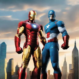 Iron Man and Captain America standing side by side, fully suited in their iconic superhero costumes, set against a dramatic skyline.