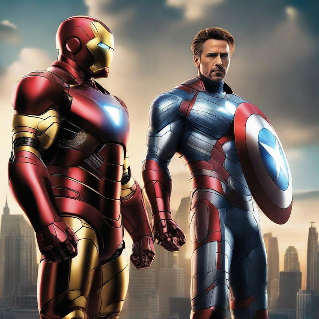 Iron Man and Captain America standing side by side, fully suited in their iconic superhero costumes, set against a dramatic skyline.