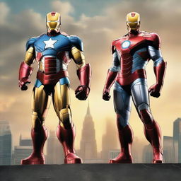 Iron Man and Captain America standing side by side, fully suited in their iconic superhero costumes, set against a dramatic skyline.