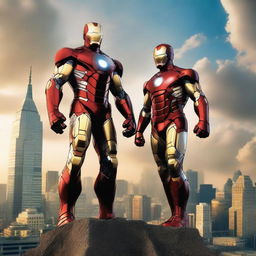 Iron Man and Captain America standing side by side, fully suited in their iconic superhero costumes, set against a dramatic skyline.