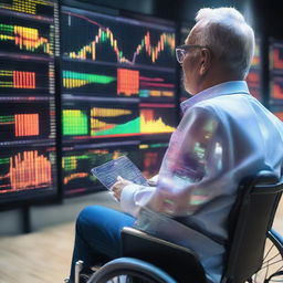 A man in a wheelchair immersed in trading forex, using a transparent cellophane screen displaying colorful graphics of market analytics.