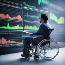 A man in a wheelchair immersed in trading forex, using a transparent cellophane screen displaying colorful graphics of market analytics.